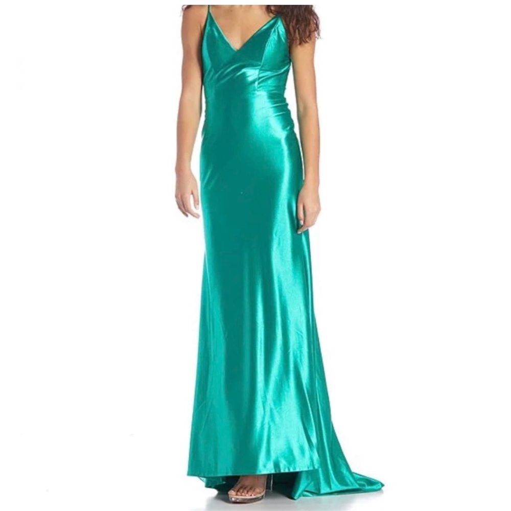 Dear Moon Bow Tie Back V-Neck Satin Maxi Dress in Jade Green size 1
